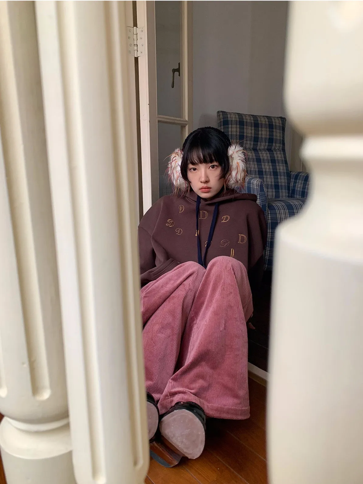 Corduroy Straight Simple Pink Retro Color-Pants