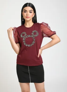 Mickey Mouse Disney Sequin Top With Organza Slleves