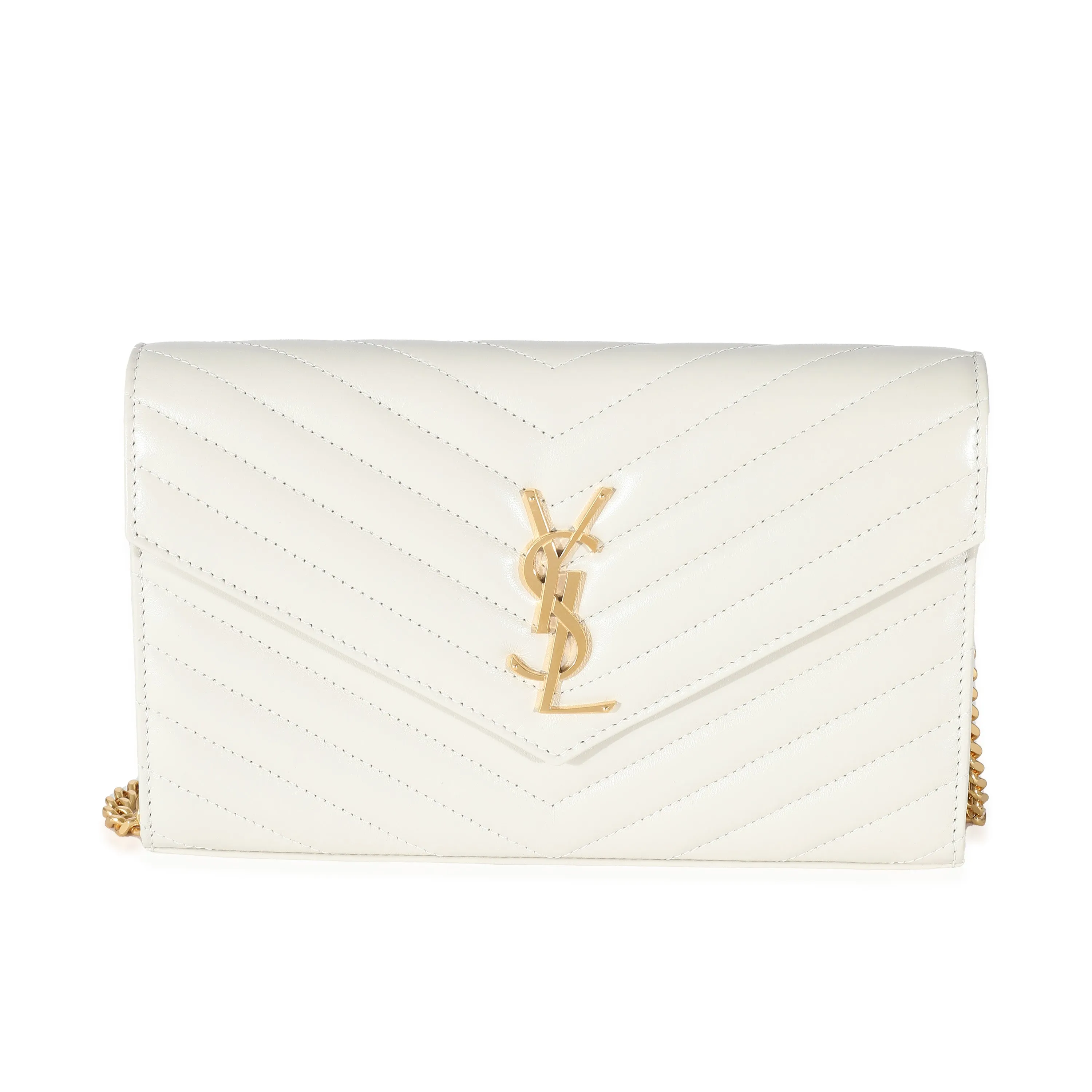 Saint Laurent Blanc Vintage Lambskin Cassandre Matelasse Chain Wallet