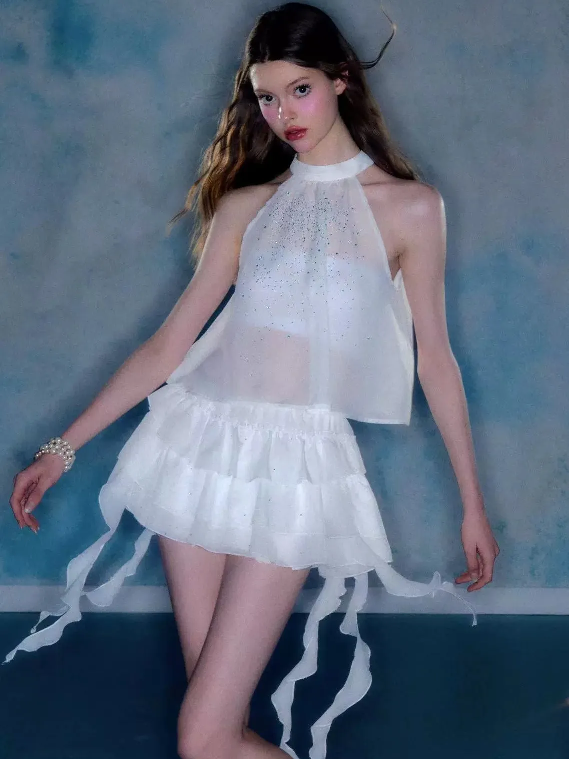Starry Transparent American Sleeve Top & Ruffle Cake Short Skirt
