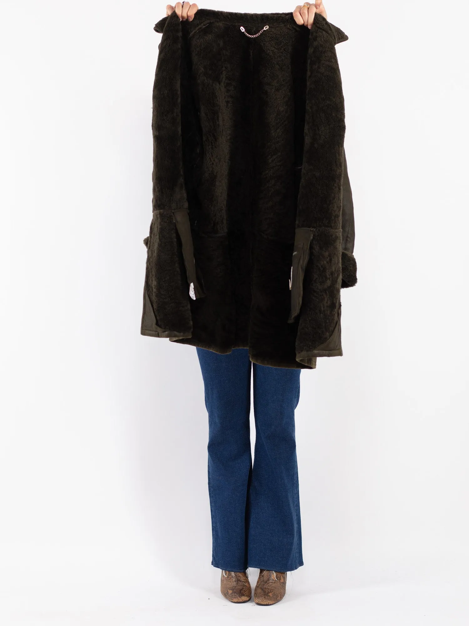 Vintage 90's Women Sheepskin Shearling Coat in Green