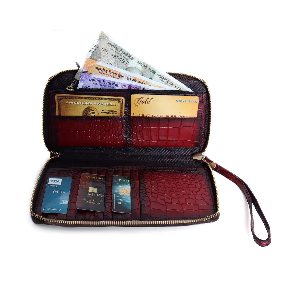 Wine Multi-Utility Hand Wallet Deep Cut Croco Print Leather By Brune & Bareskin